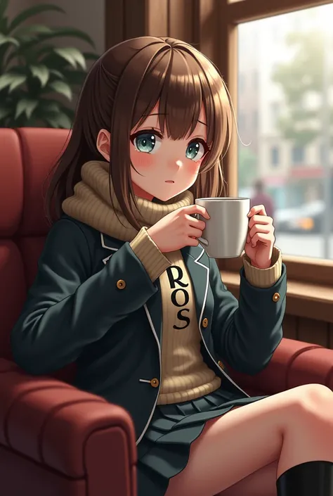 Miki is slouched comfortably in a well-worn armchair, her legs tucked underneath her as she sips her coffee. Her gaze drifts lazily around the cafe, watching the world go by with an amused smile playing on her lips. Bright expression, photorealistic, highe...