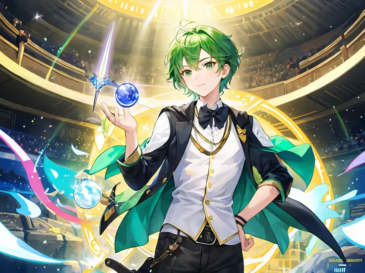 Short-haired male student with green hair is testing his magic wand at an old arena