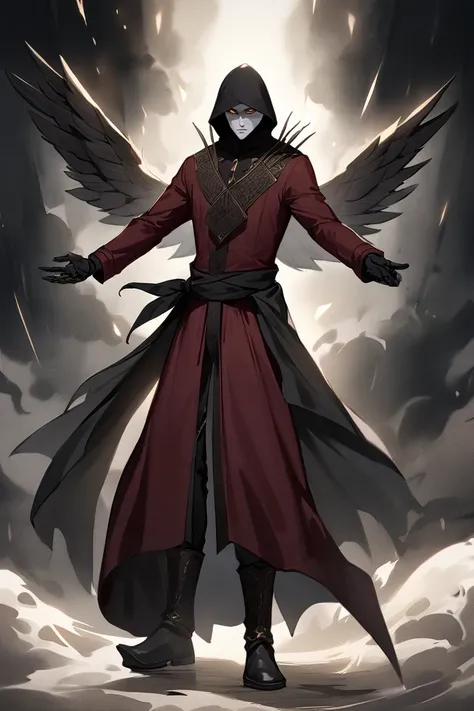 I wore a:  Cloaked Shadow wears a dark red suit with details in black and yellow .  The suit is tight and has a design that recalls a ninja or A warrior sombre.
hood:  He wears a hood that completely covers his head ,  leaving only his bright white eyes vi...