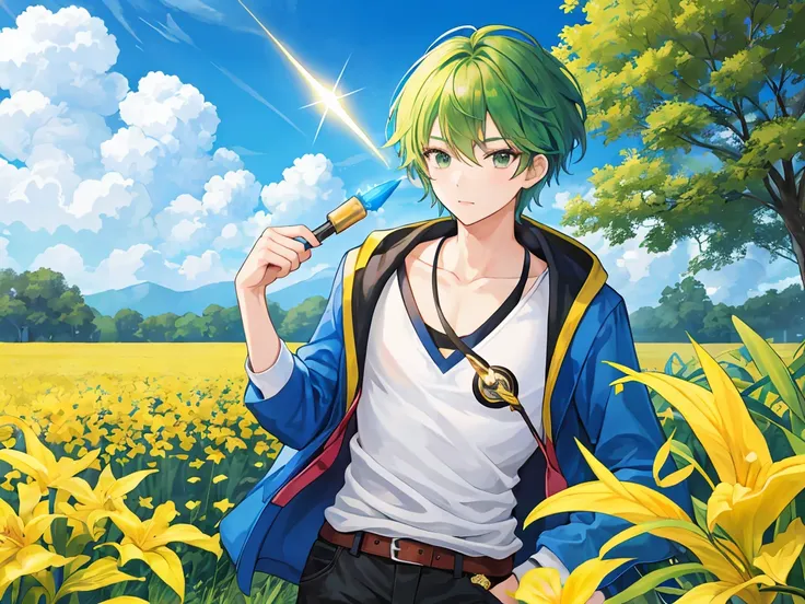 Short-haired male student with green hair is testing his magic wand in a large field