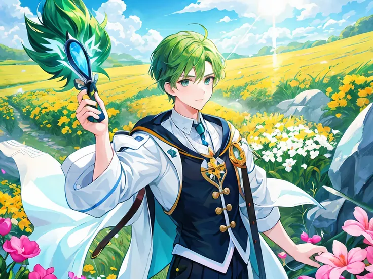 Short-haired male student with green hair is testing his magic wand in a large field