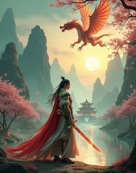 Envision a captivating fantasy world inspired by ancient China, where a powerful warrior stands at the center of the scene, wielding an ornate Chinese sword imbued with radiant magical energy. The sword is intricately crafted, its blade gleaming with ether...