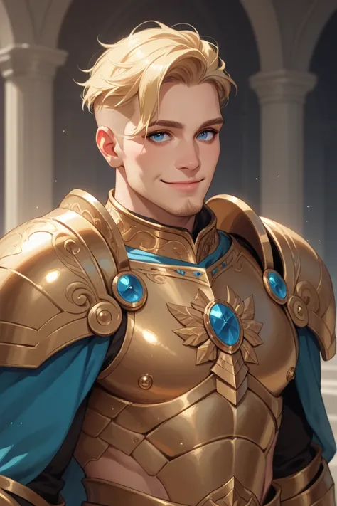 noble man , high, beautiful, with golden armor , blonde hair, masterpiece , in the best quality, short hair, Blue Eyes, shaved beard, gold breasted armor and very whitish skin. Smiling face, love face, long hair, adult face, strong, (((muscle)))