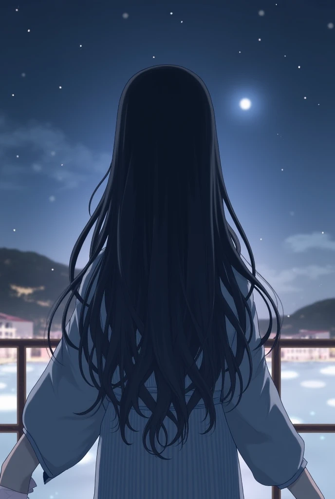 Back view of a Japanese girl with long hair curled in the background night scene illustration