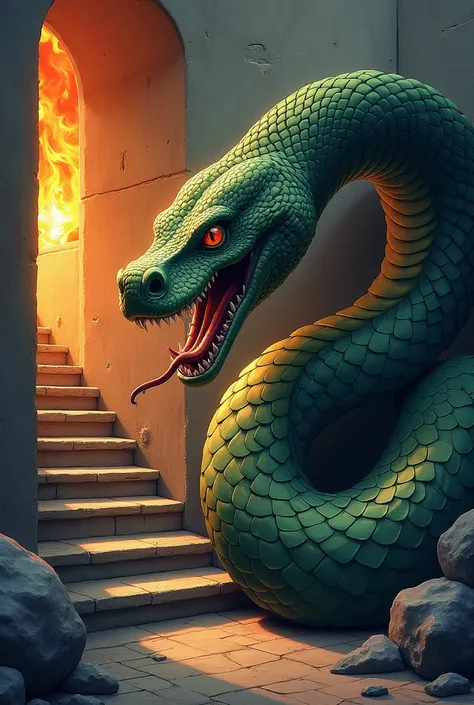 1
a close up of a snake with its mouth open near a staircase, serpent, snake, quetzalcoatl, by Matt Stewart, full color illustration, jormungandr, by Ramón Silva, naga, snake art, ouroboros, full color digital illustration, by Raúl Martínez, fire flaming s...