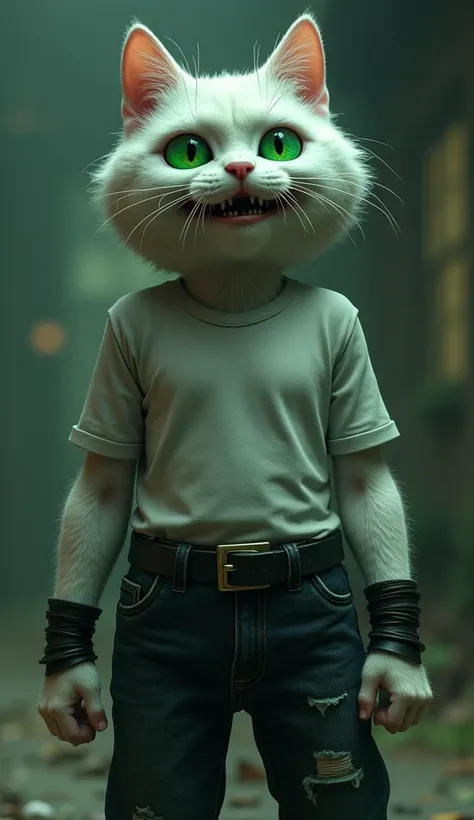 In 3D movie style , HD image , realistic image ,Dark image.
 character!,  a big white cat with green eyes in a white t-shirt and black jeans,  A black leather strap is tied to both wrists .
 character!,  white baby cat wearing a green dress and green eyes ...