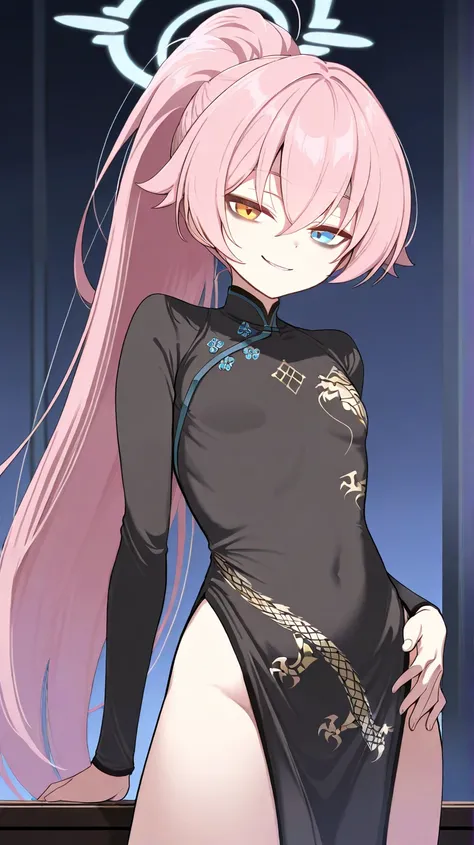 (high quality, ultra-detailed), Blue Archive, Hoshino Takanashi, black qipao, mature, looking at viewer, ponytail, hand on hips, emotionless, dark under eyes, smirk