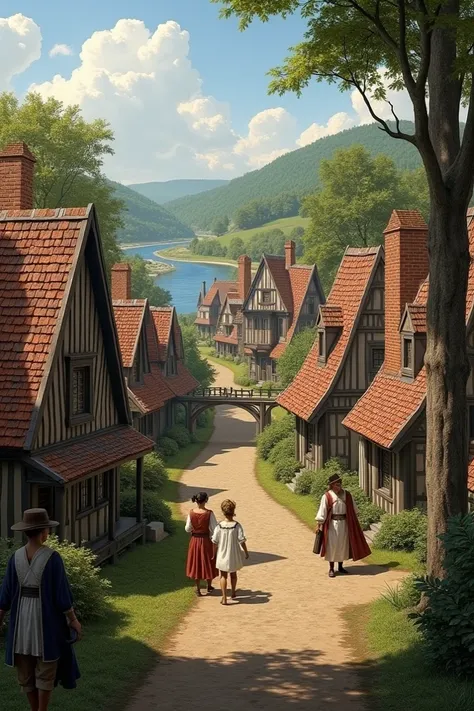 A picturesque 17th-century Dutch settlement in New York, featuring modest wooden and brick structures with gabled roofs, surrounded by lush greenery and a serene river. A few settlers in traditional European attire are seen walking along dirt pathways."