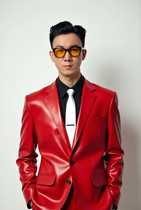 
Korean male model wearing a red leather suit, black shirt, he wears black framed glasses and yellow lenses. He has hair cut short and slicked back. He wears a white tie. behind him is a white background