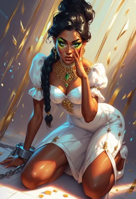 Adult female noblemans consort, dark skin, golden makeup, hazel green eyes, depressed, in shackles, wearing a luxurious white peasant dress styled after the Renaissance era, pitch black hair in a messy braided bun, kneeling in entryway, 8K detail, focus on...