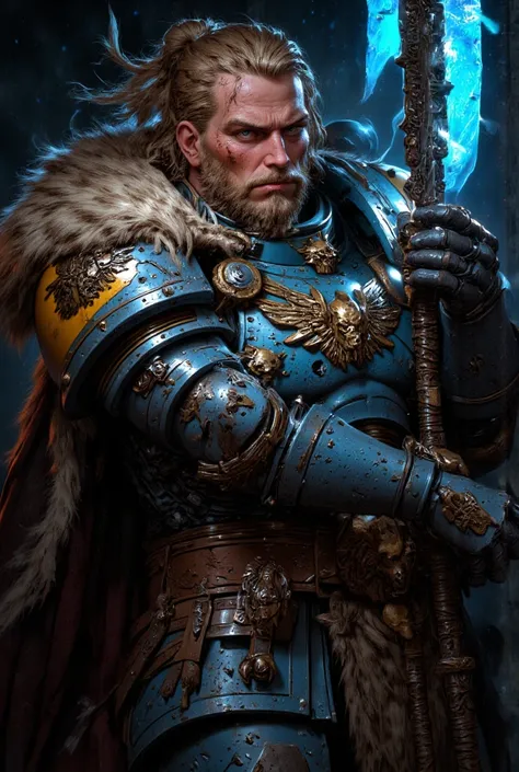 Oil painting masterpiece. Bearded man, long hair, pigtails, scarred face, solemn pose in dark room, short golden hair, light blue metal armor, brown belt, fantasy animal skin cloak, noble pattern, hand holding a blue glowing spear, chaotic battlefield back...