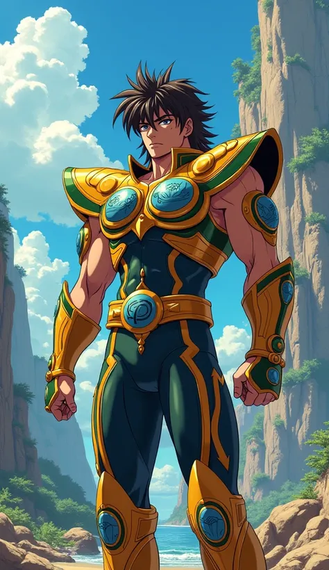 Imagine a character from the Saint Seiya cartoon, whose armor is from Brazil