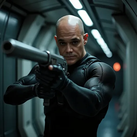 cinematic close up photography of bald man, dark eyes, wearing black exoskeleton, standing holding long futuristic gun with both hands, in dark corridor of futuristic spaceship