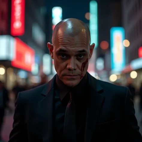 close up cinematic photograph of bald man, dark eyes, wearing a black suit, walking down a New York City street with blood running from his nose and mouth