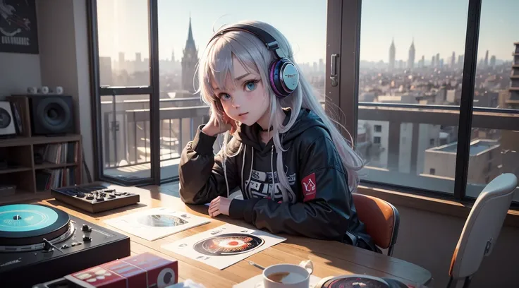  Une gamer fille se détend sur le canapé avec un appareil de jeu portable à la main et des écouteurs allumés,  fille de son salon avec une vue sur la ville par la fenêtre la nuit . Ayez des affiches de jeux accrochées au mur ! sachet de fastfood sur la tab...