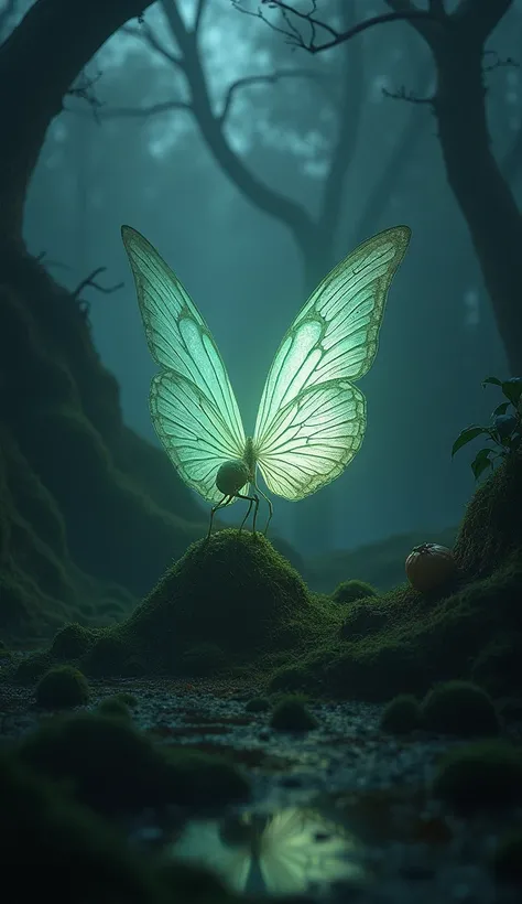 a dark swamp, in the center highlighting a butterfly shining with its cocoon below left after leaving, highlighting its beauty and lightness of the butterfly amidst the chaos