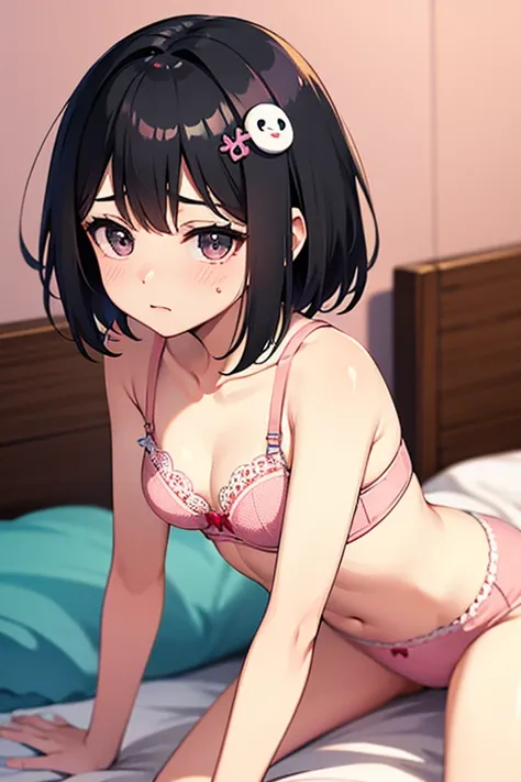  highest image quality taken by Ki、whole、 black hair、 black eyes、 Shorthair、 girl、cute、pink bra and pink panties、Petite、 small hair ornament 、1 person、 embarrassed expression 、 on the bed、