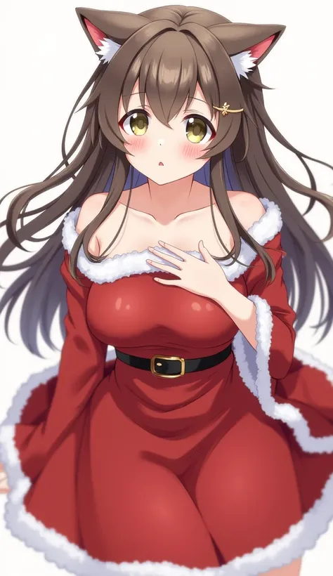 a girl,    anime style   ,   cat ears ,   off the shoulder ,  shy, blush,  belly button, shut your mouth,  from above,   big breasts ,   High resolution,  , touching his chest, flicker,   sticking out her tongue , Wearing a red Christmas dress.