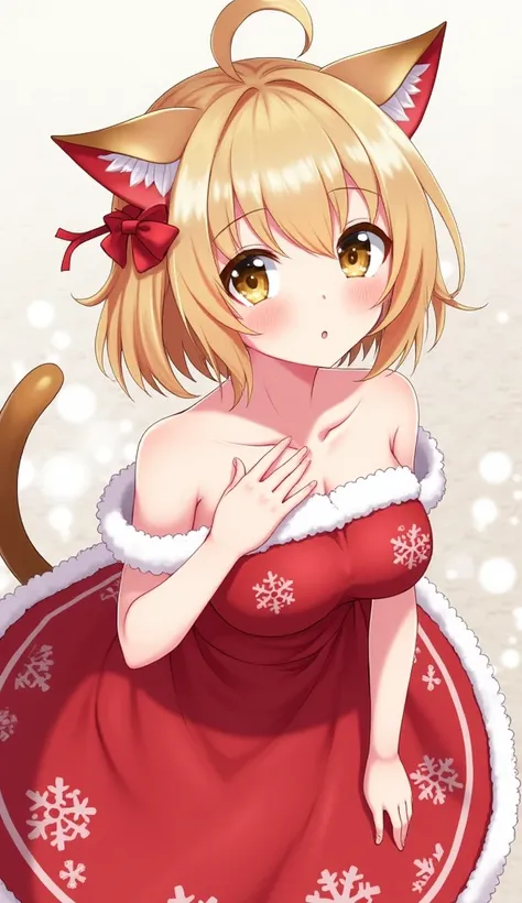 a girl,    anime style   ,   cat ears ,   off the shoulder ,  shy, blush,  belly button, shut your mouth,  from above,   big breasts ,   High resolution,  , touching his chest, flicker,   sticking out her tongue , Wearing a red Christmas dress.