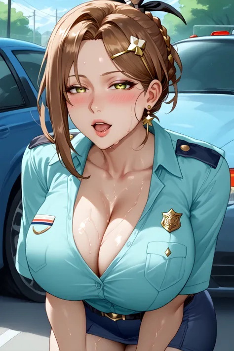  One Girl 、 Japanese police uniform 、  shortcuts、 top quality 、  Ryza style、 brown hair on one woman 、 sweaty body、Big Breasts、(  forehead)、hairpin、( Half Open Eyes )、( open her mouth )、(Green)、( blushes her cheeks)、(Police car)、Small room、Show off your ch...