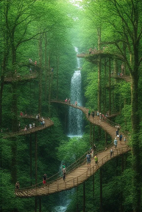  Amusement park integrated into a very lush forest.  The attractions pass through the branches of the trees . Waterfalls fall from the treetops 