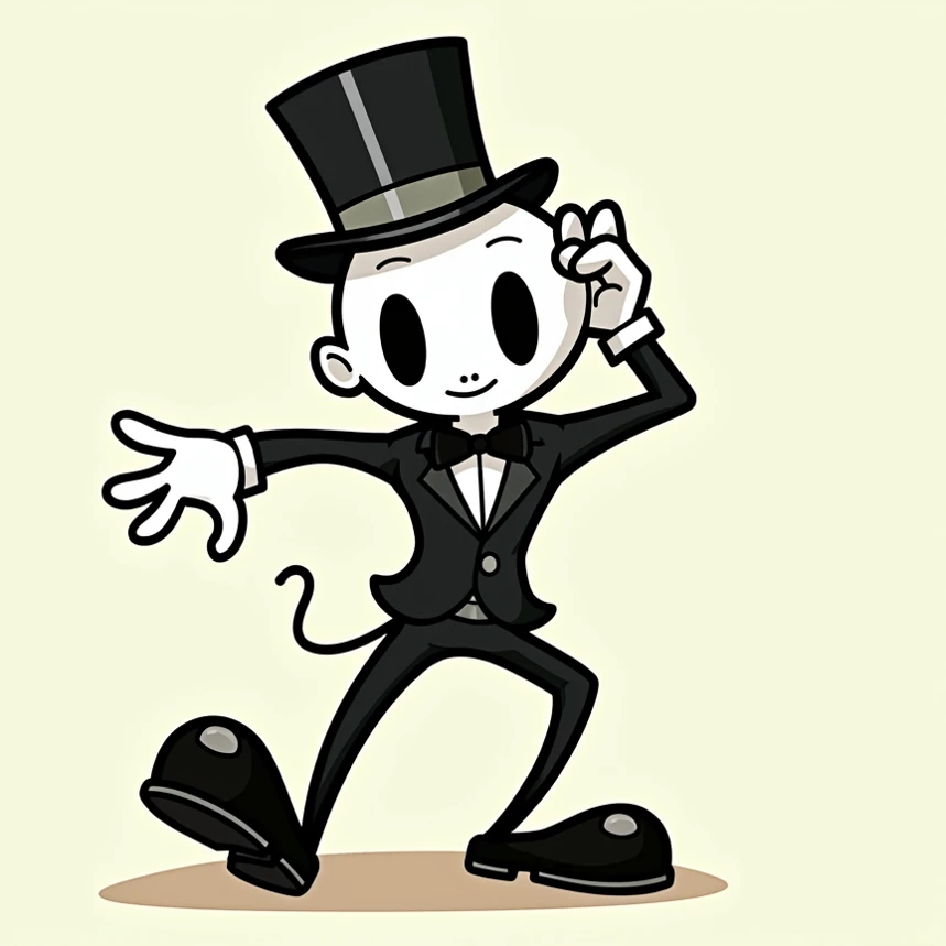  Create a cartoon character from the 50s,  white skin , Pacman eyes ,  wear a suit and top hat , wear gloves.