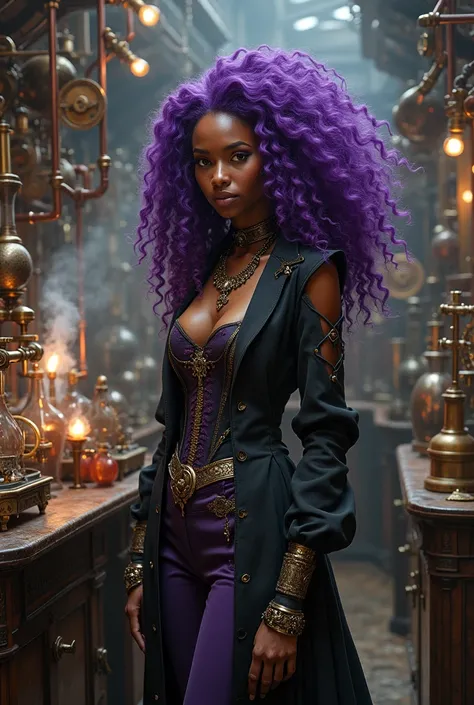 black woman steampunk alchemist, purple natural hair