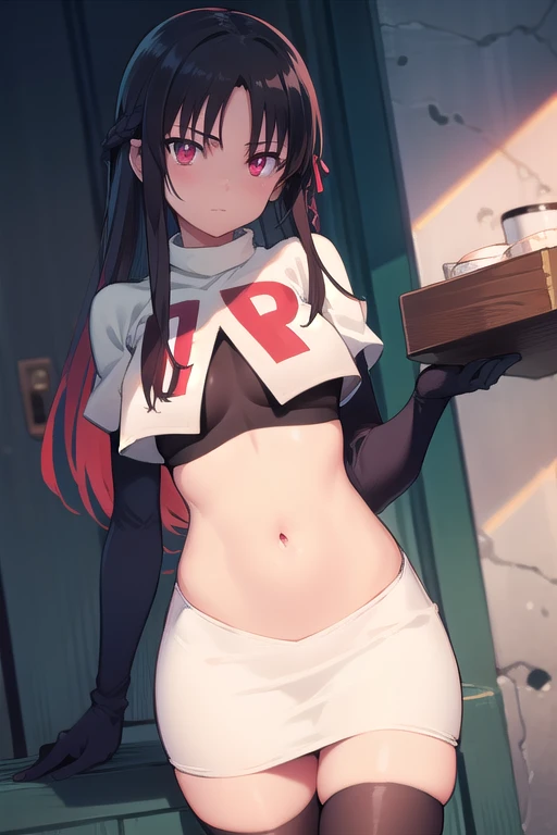 suzunehorikita, suzune horikita, long hair, black hair, (red eyes:1.3), red hair ribbon, braid,
BREAK team rocket,team rocket uniform,white skirt,red letter R,crop top,black thigh-highs,black elbow gloves,
BREAK looking at viewer, cowboy shot,
BREAK (maste...