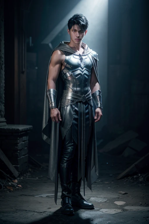 full body, 30 years old, wizard, standing still, shirtless, athletic body, silver cape, short shaved black hair, strong arms visible, silver eyes, hands emitting a bluish luminous glow, silver sleeveless rustic leather vest, silver cape and expansive blue ...