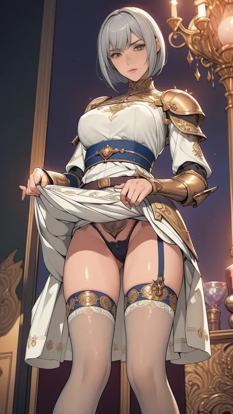 {best quality}, {very aesthetic}, {ultra-detailed}, {best illustration}, masterpiece,(((skirt lift:1.5))),((show off detailed pussy)),garter belt:1.2,((Holy Knight)), ((Armor made of platinum))、((((Extremely detailed and intricately decorated armour:1.1)))...