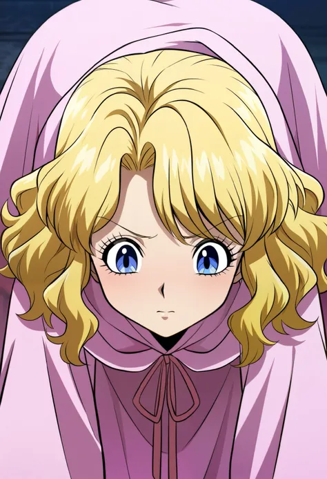 HunterXHunter screencap anime style of a girl with blonde wavy hair blue eyes short cutted bangs pink dress robe pose down up up down pose, score_9_up, score_8_up, masterpiece, best quality
