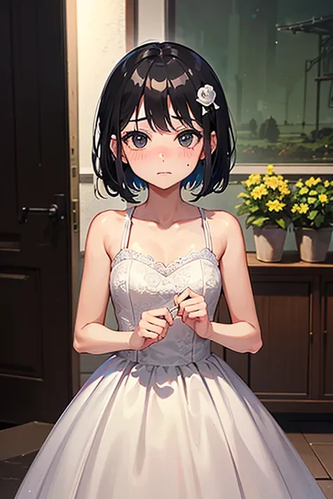  highest image quality taken by Ki、whole、 black hair、 black eyes、 Shorthair、 girl、cute、 wedding dress 、Petite、 small hair ornament 、1 person、 embarrassed expression 、