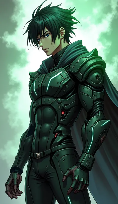 Create an realistic anime-style illustration image of a male villain inspired by Eren Yeager, but with a futuristic and cybernetic twist. Thundra is a tall, muscular character with a sharp, intense expression and wild, dark hair similar to Erens. Half of h...