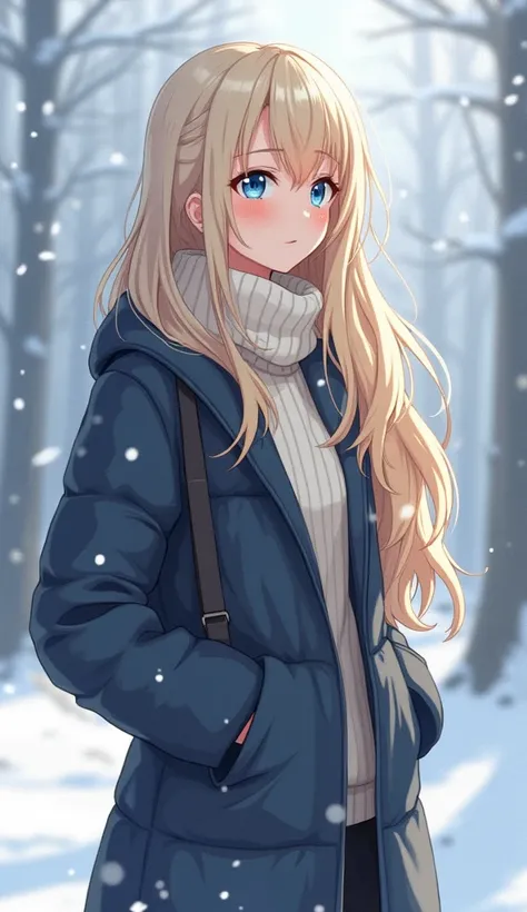 A girl(femenino)  white and tall (1.80 meters),  with long blond hair and some black locks.  sky blue eyes. with good body (more or less 50 % of breasts, and 80% with thighs ).  with winter clothes. And in the anime style in 2D.