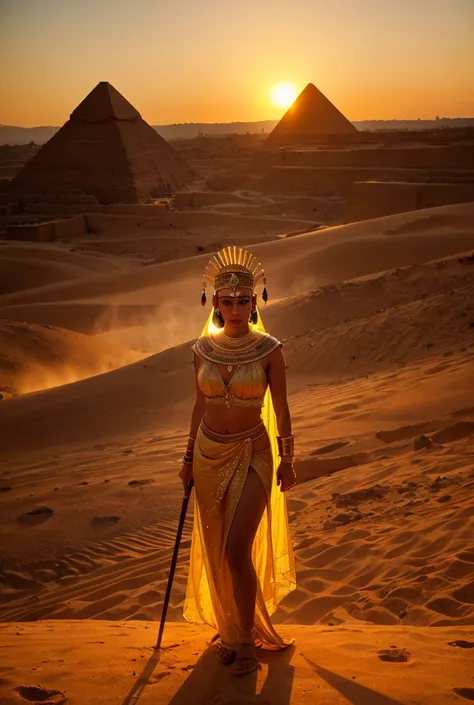 “A dramatic silhouette of Cleopatra standing in front of the pyramids of Giza during a golden sunset, her royal headdress and staff clearly visible, with sand blowing in the foreground.”