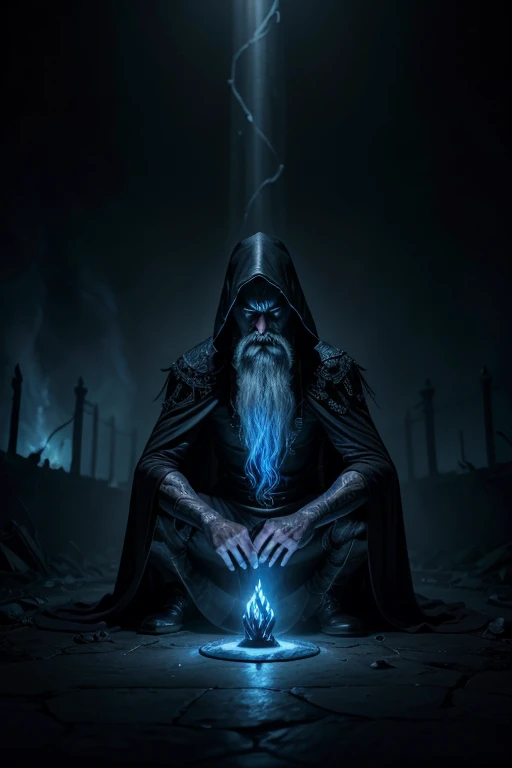 "A dark, temple, is surrounded by flowing shadows and sinister blue light . with volumetric lighting,  deep shadows ,  and highly detailed textures creating a spooky atmosphere .  A wizard at the center casting a powerful circular protective spell