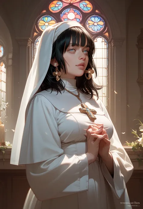  Billie Eilish she is standing with her back to a window, wearing a white nun outfit ,  short black hair,