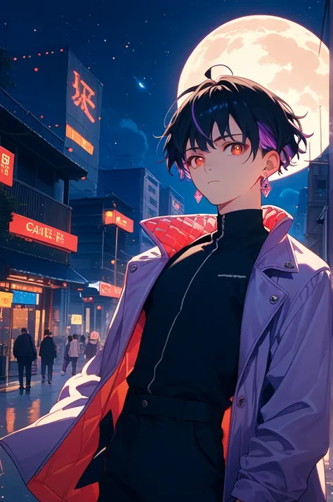 A boy wearing a black suit with a light purple jacket, Diamond earrings, medium length black hair with purple highlights, red eyes and moon shaped pupupils, in a city background, Night sky, vibrant colors, anime art