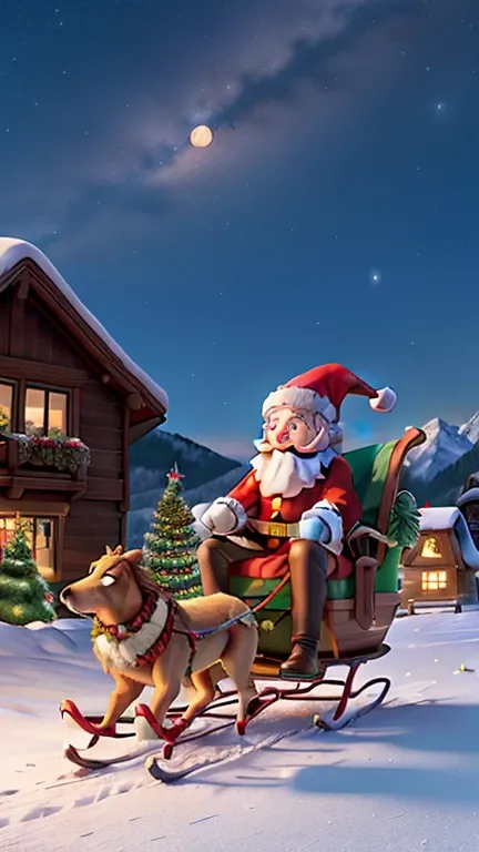 Image: Santa Claus riding his flying sleigh, adorned with bright lights and a sack full of presents. The night sky sparkles with stars, and the moonlight bathes the snow-covered Alpenville below.