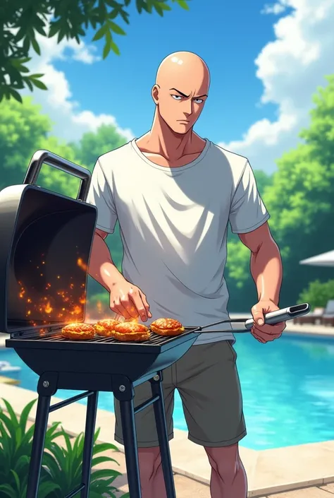 Saitama barbecuing on the poolside grill