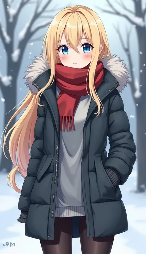 A girl(femenino)  white and tall (1.80 meters),  with long blond hair and some black locks.  sky blue eyes. with good body (more or less 50 % of breasts, and 80% with thighs ). with some winter clothes. And in the anime style in 2D.