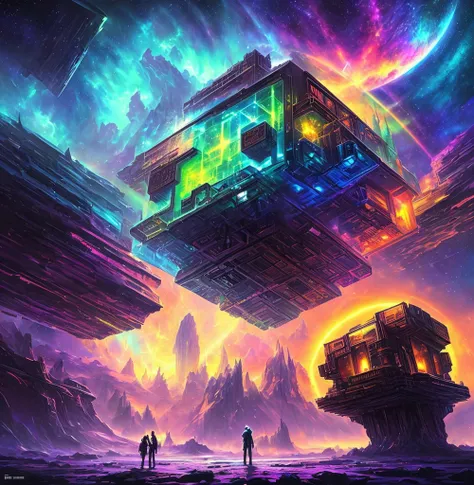 Alien cubes of the cosmic hypercube, Epic Music album cover, arte de fundo, epic surrealism 8k oil painting, album cover concept art, arte do bipe, music album art, inspirado em Cyril Rolando, Dan Mumford Tom Bagshaw, epic stunning atmosphere, Harmonia do ...