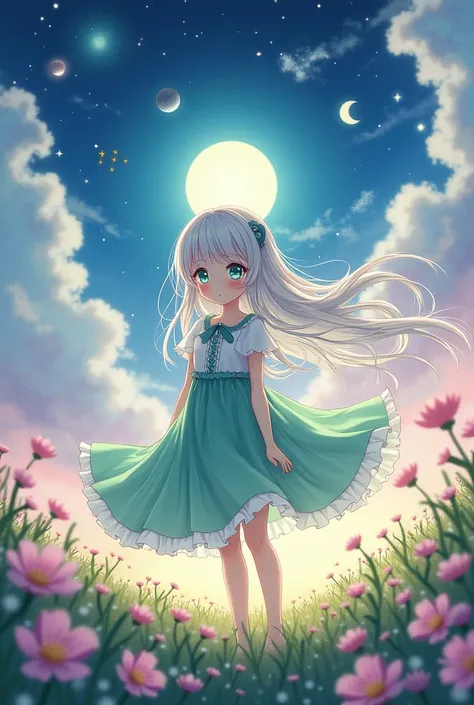 An anime girl with long white hair. And bright dreamy emerald green eyes. She is standing in a flower field. She is wearing a green,white colored lolita dress. The sky is cloudy. In the sky the moon sun and stars all of them can be seen. And the sky is die...