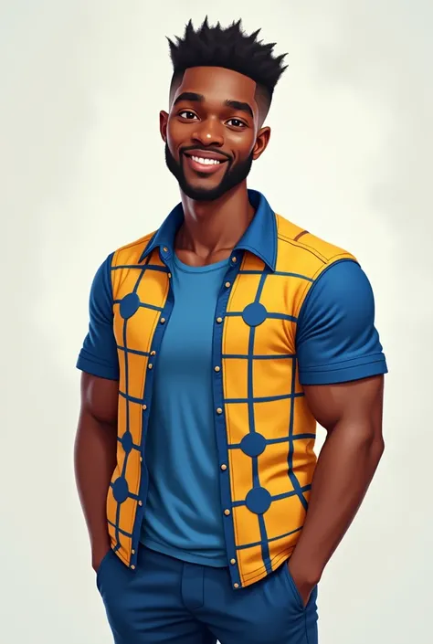 Generate an African male student Avatar wearing a royal blue short and yellow and blue check top in a studio.