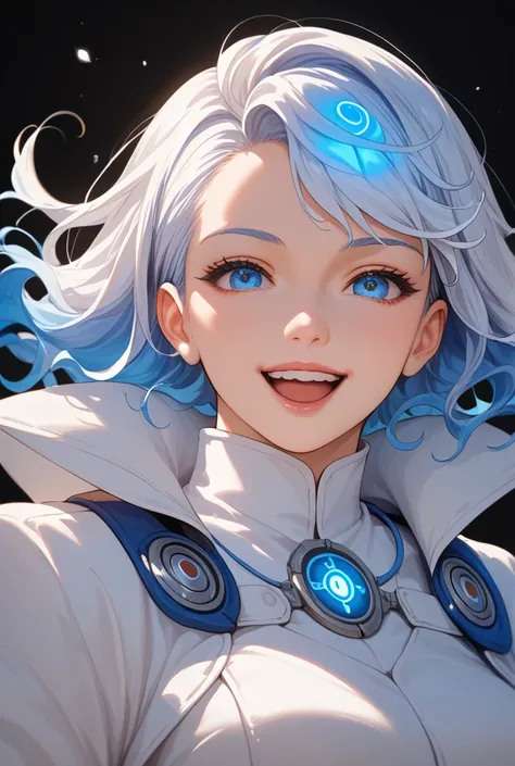 White-haired, White costume, doctor Anime Characters, sci-fi Detail Art,Sorcerer, long white hair、Glowing blue hair, blue eyes, Plain white background、Wear white boots、Laughing Girl、cool, detailed anime character art, Clear eyes