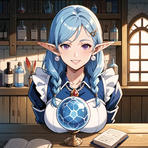score_9, score_8_up, score_7_up, score_6_up, score_5_up, score_4_up, hires, masterpiece(1girl, cheerful elf, long straight blue hair, a half-up hairstyle with hairpins decorated with small shells and water droplets, gentle purple eyes, pearl earrings in he...