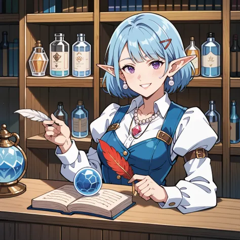 score_9, score_8_up, score_7_up, score_6_up, score_5_up, score_4_up, hires, masterpiece(1girl, cheerful elf, long straight blue hair, a half-up hairstyle with hairpins decorated with small shells and water droplets, gentle purple eyes, pearl earrings in he...