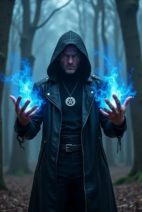 An evil sorcerer , wearing black clothes. He wears a black leather jacket.  wears a necklace with a pentragram ,  his hands emanate magical energy of blue and a forest in blue flames in the background.