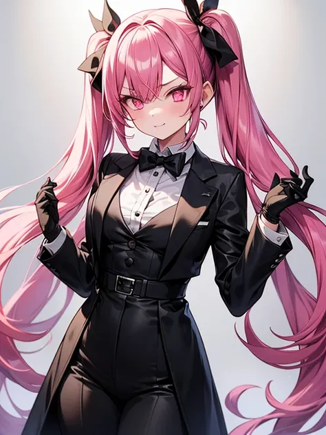 1 girl,  elegant black tux , black gloves,  pink hair, twin tails, pink eyes,  look would be .