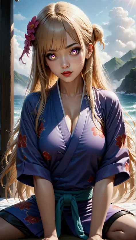 (masterpiece, aesthetic, detailed eyes, realistic), 1girl, mahiru shiina, angel next door spoils me rotten, Long smooth straight golden hair, purple to golden gradient eyes, sitting in karate gi, super detail, best quality, 8k